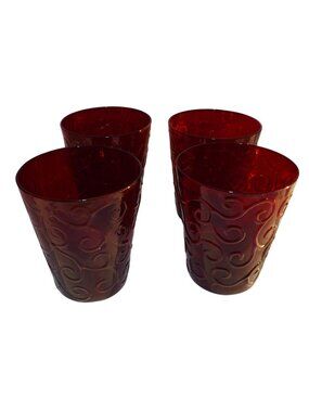 Tag Brand Ruby Red Drinking Water Whiskey Glasses Ribbed Scrolls Set Of 4 Disc